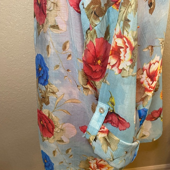 Umgee Turquoise Sheer Floral Blouse - Picture 6 of 11